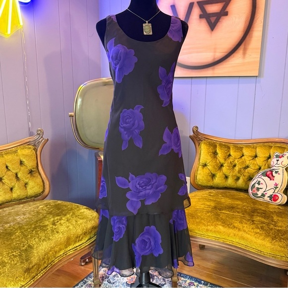 Vintage Dresses & Skirts - Vintage 90s MSK Black & Purple Tiered Floral Dress Size 6
